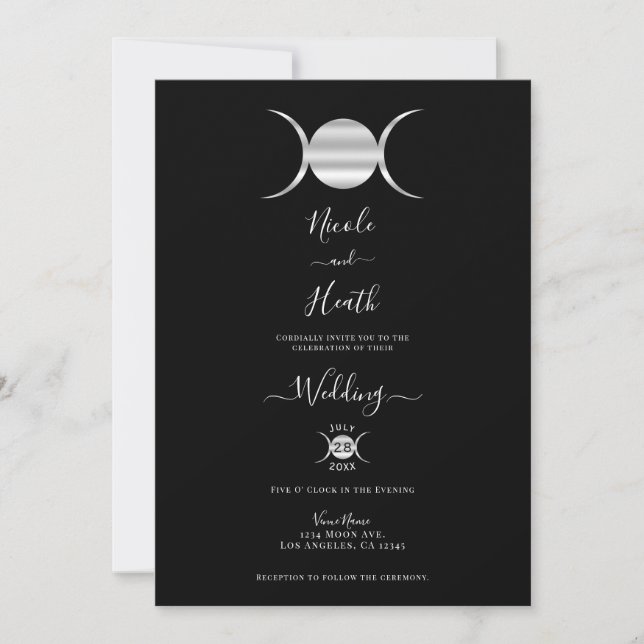 Invitación Ciclo de Luna de Triple Diosa Boda de Plata y Negr (Anverso)