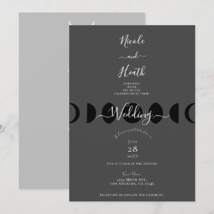 Invitación Ciclos de Fases Lunares Boda en Blanco Gris y Negr