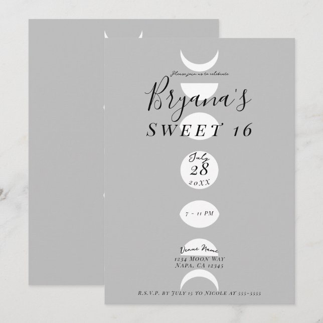 Invitación Ciclos de fases lunares gris y blanco Dulces 16 (Anverso / Reverso)