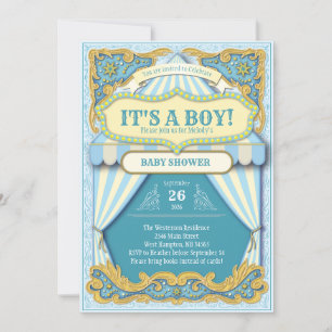 Invitación Cicus Carnival Boy Baby Shower Blue Big Top