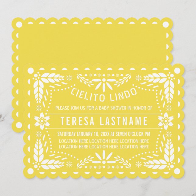 Invitación Cielito lindo amarillo papel picado bebé ducha (Anverso / Reverso)
