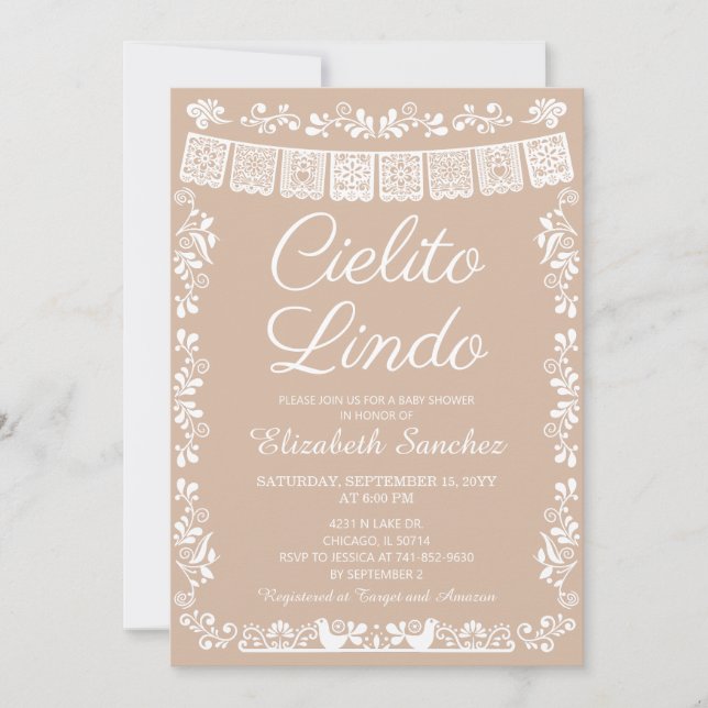 Invitación Cielito Lindo Beige Papel Picado Baby Shower (Anverso)