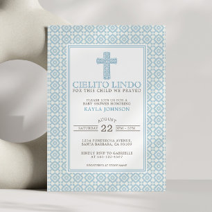 Invitación Cielito Lindo Cruz Floral Religiosa Azul Niño