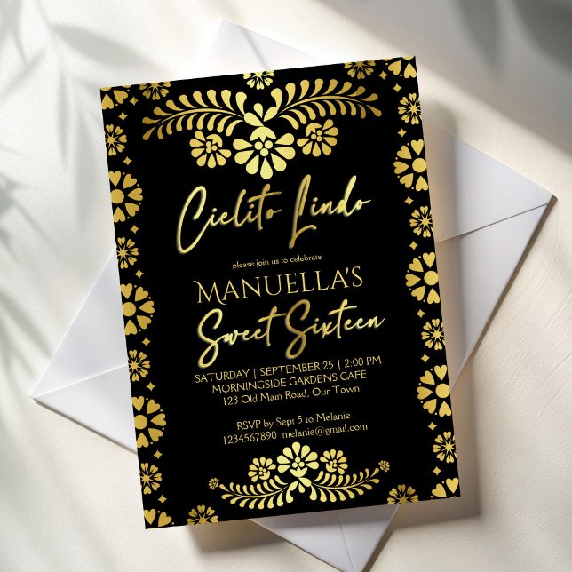 Invitación Cielito lindo cumpleaños dulces 16 mexicano (Cielito lindo black and gold Mexican sweet 16 birthday party Invitation cards template)