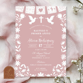 Invitación Cielito Lindo de Rosa Sonrojado Bautizo y Primer A