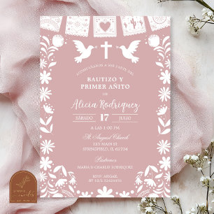 Invitación Cielito Lindo de Rosa Sonrojado Bautizo y Primer A
