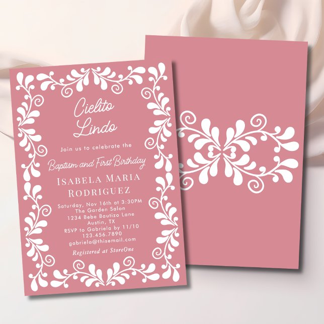 Invitación Cielito Lindo Dusty Pink Baptism & First Birthday (Subido por el creador)
