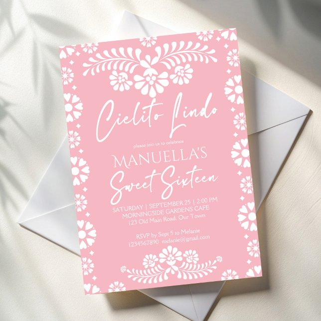 Invitación Cielito lindo fiesta de cumpleaños mexicana rosa d (Cielito lindo pink and white Mexican sweet 16 birthday party Invitation cards template)