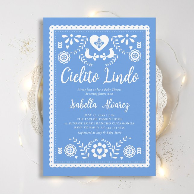 Invitación Cielito Lindo Mexican Picado Heart Baby Shower (cielito lindo baby shower invitation mexican papel picado heart blue rancho fiesta elegant classy)