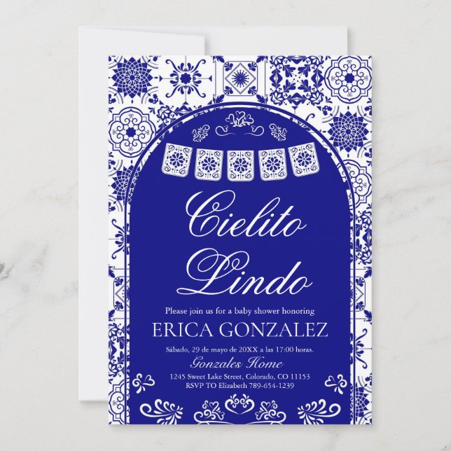 Invitación Cielito Lindo Papel Picado Boy Baby Shower Navy (Anverso)