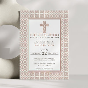 Invitación Cielito Lindo Religioso Neutral Floral Cruz Beige