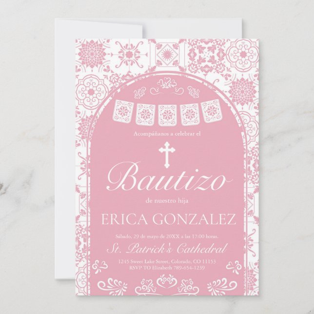 Invitación Cielito Lindo Rosa Bautizo Talavera (Anverso)