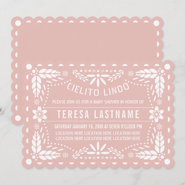 Invitación Cielito Lindo rosa oro papel picado bebé ducha (Anverso / Reverso)