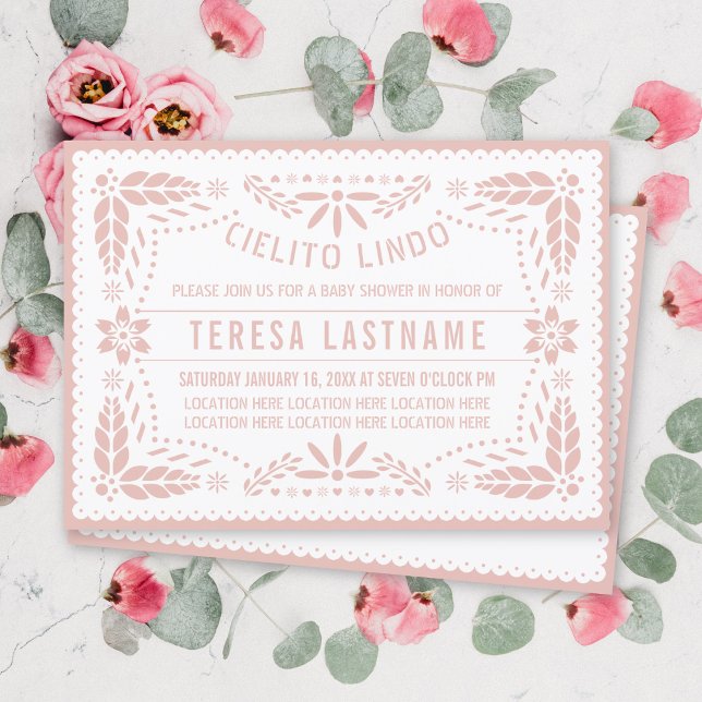 Invitación Cielito Lindo rosa papel picado bebé ducha (Subido por el creador)