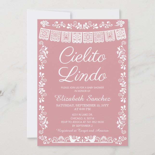 Invitación Cielito Lindo Rosa Sonrosado Papel Picado Baby Sho (Anverso)