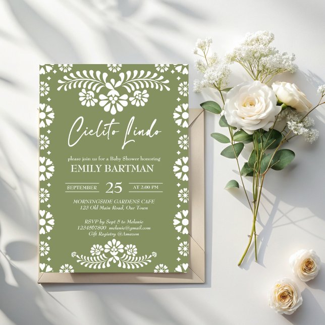 Invitación Cielito lindo sage ducha infantil mexicana verde (Cielito lindo sage green Mexican fiesta papel picado baby shower Invitation template)