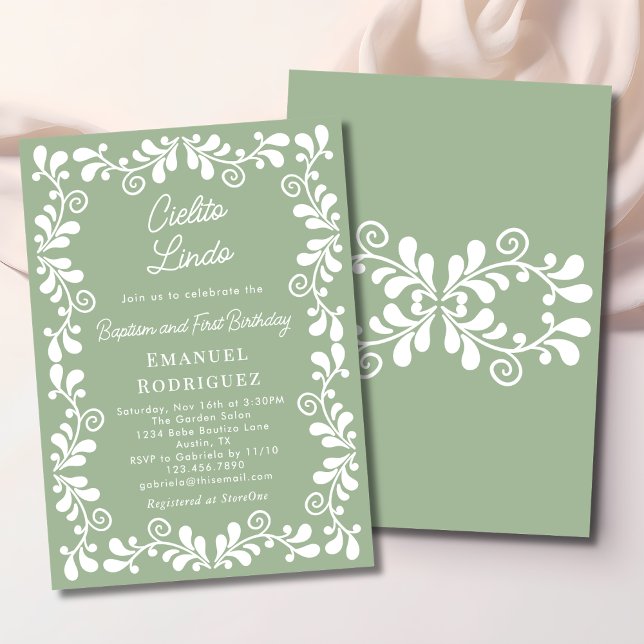 Invitación Cielito Lindo Sage Green Baptism & First Birthday (Subido por el creador)