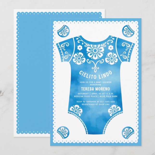 Invitación Cielito Lindo traje de cuerpo azul lindo niño bebé (Anverso / Reverso)