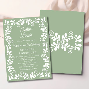 Invitación Cielito Lindo Verde Salvia Bautizo y Primer Cumple