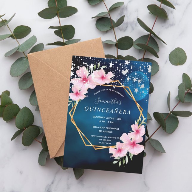 Invitación Cielo azul cielo de cumpleaños estrellas oro rosa  (Subido por el creador)