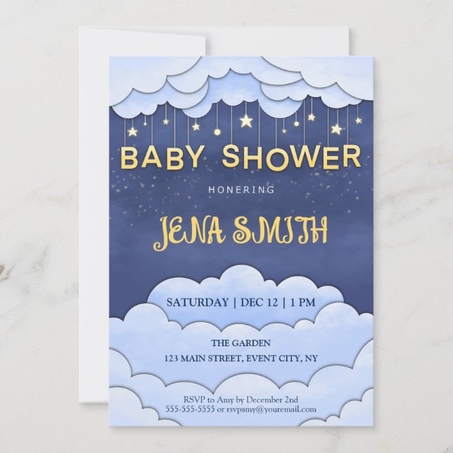 Invitación Cielo azul con estrellas colgantes invitadas a Bab (Anverso)