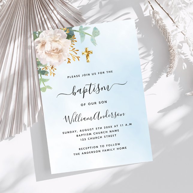 Invitación Cielo azul eucalipto floral baptismo cruzado (Subido por el creador)