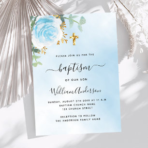 Invitación Cielo azul eucalipto floral baptismo cruzado