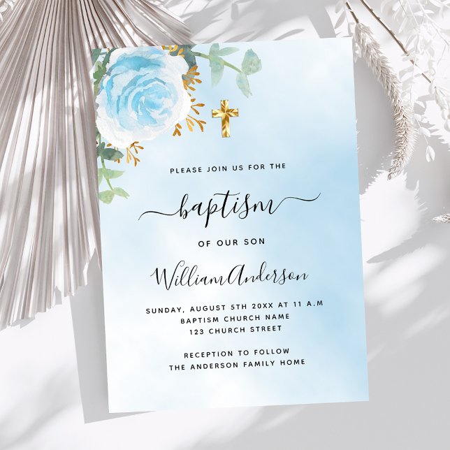 Invitación Cielo azul eucalipto floral baptismo cruzado (Subido por el creador)