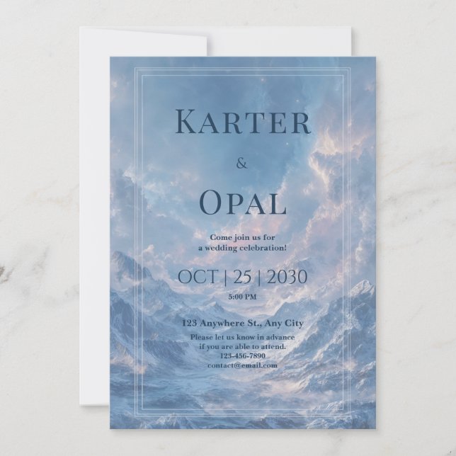 Invitación Cielo Azul Surrealista de Montaña Invernal Boda (Anverso)