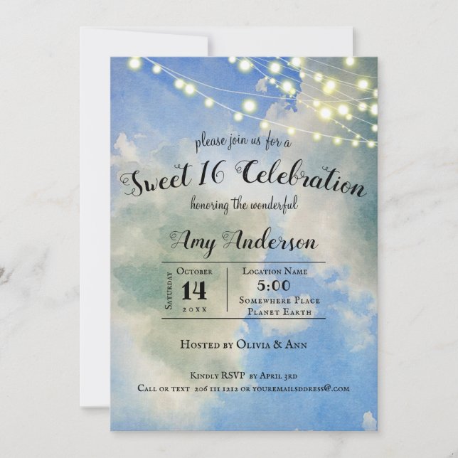 Invitación Cielo Azul y Nubes Blancas | Cumpleaños Dulces 16 (Anverso)
