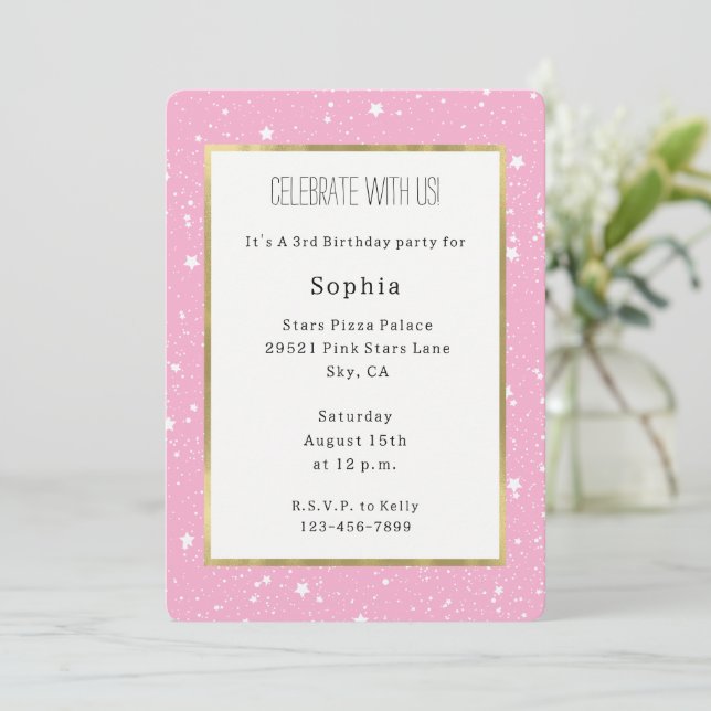 Invitación Cielo blanco rosa de cumpleaños de estrellas (Anverso de pie)