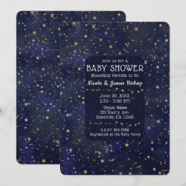Invitación Cielo Celeste Nocturno Estrellado Azul y Dorado Ba