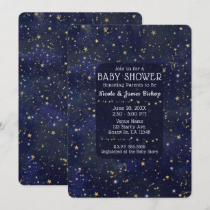 Invitación Cielo Celeste Nocturno Estrellado Azul y Dorado Ba