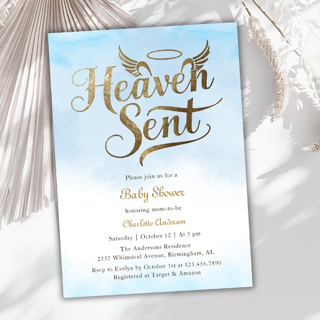 Invitación Cielo cristiano envió nubes azules Baby Shower (This "Heaven Sent" Baby Shower Invitation captures the essence of an angel-themed celebration)