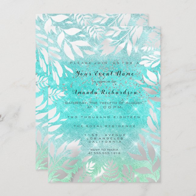 Invitación Cielo de Océano Azul Brillo Ombre Marco Floral (Anverso / Reverso)