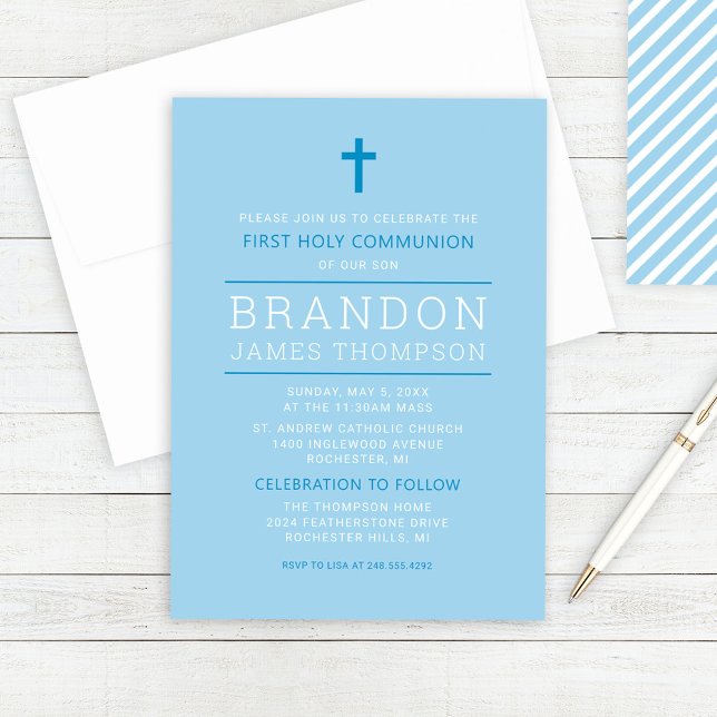 Invitación Cielo de Rayas Modernas Azul Primera Comunión Niño (Subido por el creador)