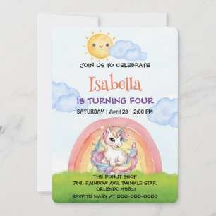Invitación Cielo del sol del arcoiris de Cute unicornio Fiest