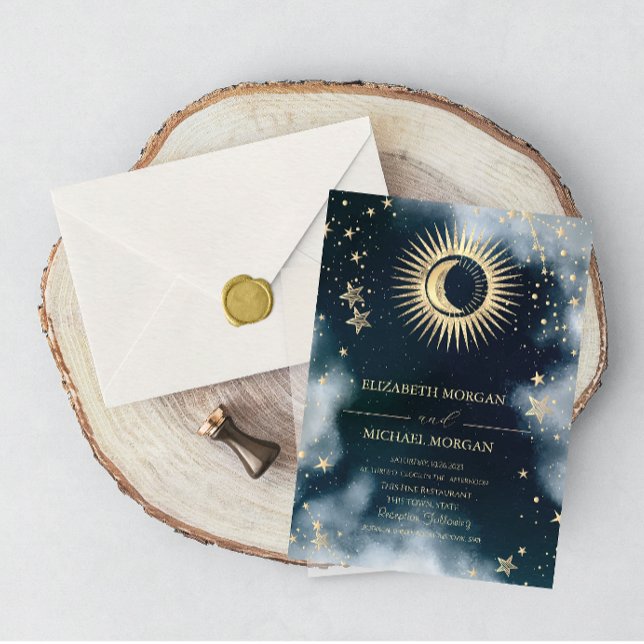 Invitación Cielo dorado celestial Sol, Luna, Estrellas Boda (Subido por el creador)