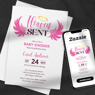Invitación Cielo Enviado Alas de Ángel Rosa Baby Shower