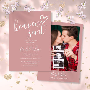 Invitación Cielo Enviado Polvo Rosa Foto Niña Baby Shower