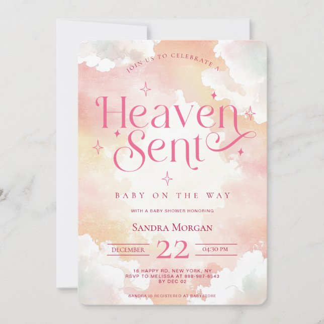 Invitación Cielo Enviado Rosa Nubes Angelicales Personalizada (Anverso)