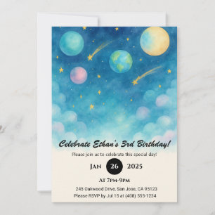 Invitación Cielo Espacial de Cumpleaños en Pastel Azul