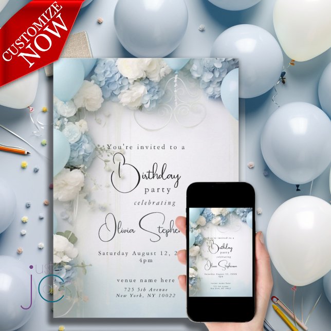 Invitación Cielo festivo azul blanco flores y globos QR (text us easy to customize )