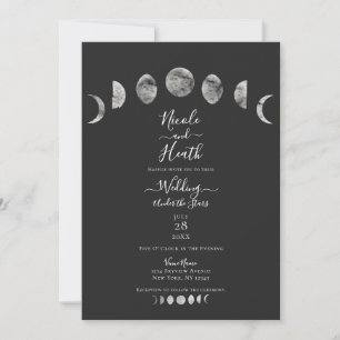 Invitación Cielo Gris Nocturno Fases Lunares Acuarela Boda