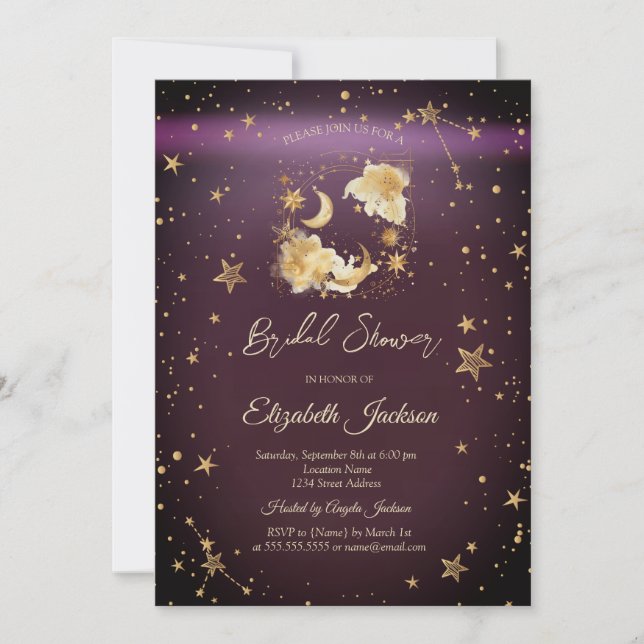 Invitación Cielo Lunar Estrellas Burdeos Despedida de Soltera (Anverso)