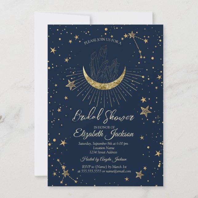 Invitación Cielo lunar, estrellas diamantes azules para ducha (Anverso)