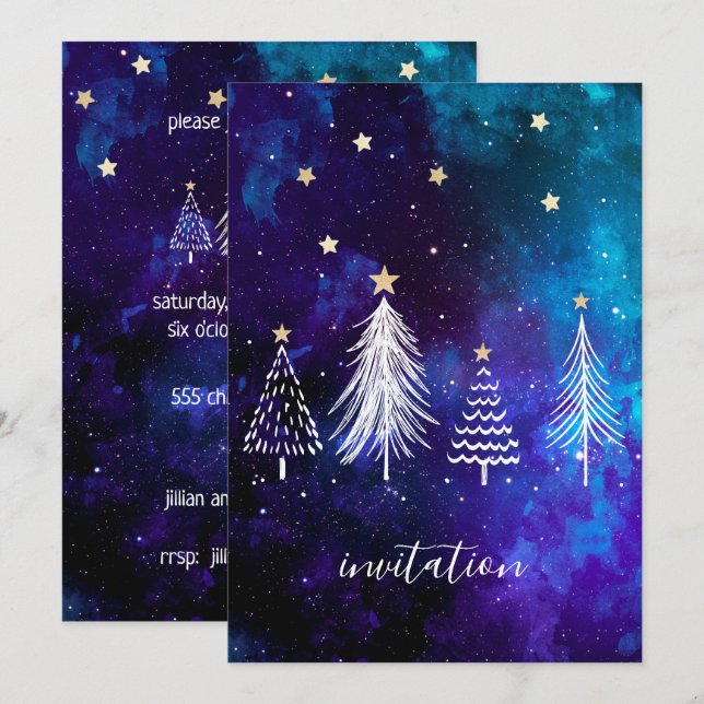Invitación Cielo navidad, azul, blanco, estrellas, Fiesta (Anverso / Reverso)