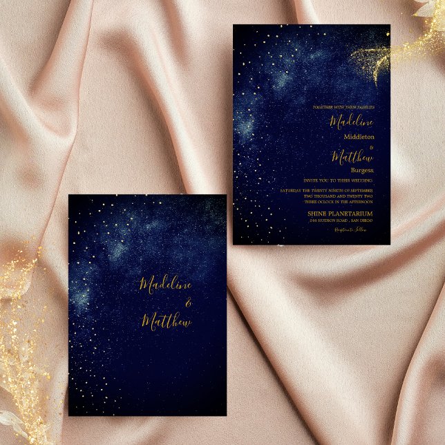 Invitación Cielo Nocturno Astral Oro  Estrellas Azules  Boda (Subido por el creador)