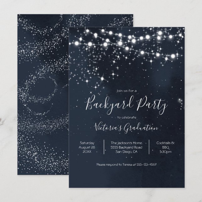 Invitación Cielo Nocturno Cadena de luces Fiesta en el patio  (Anverso / Reverso)