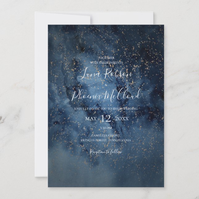 Invitación Cielo nocturno celeste | Boda Casual de Oro (Anverso)